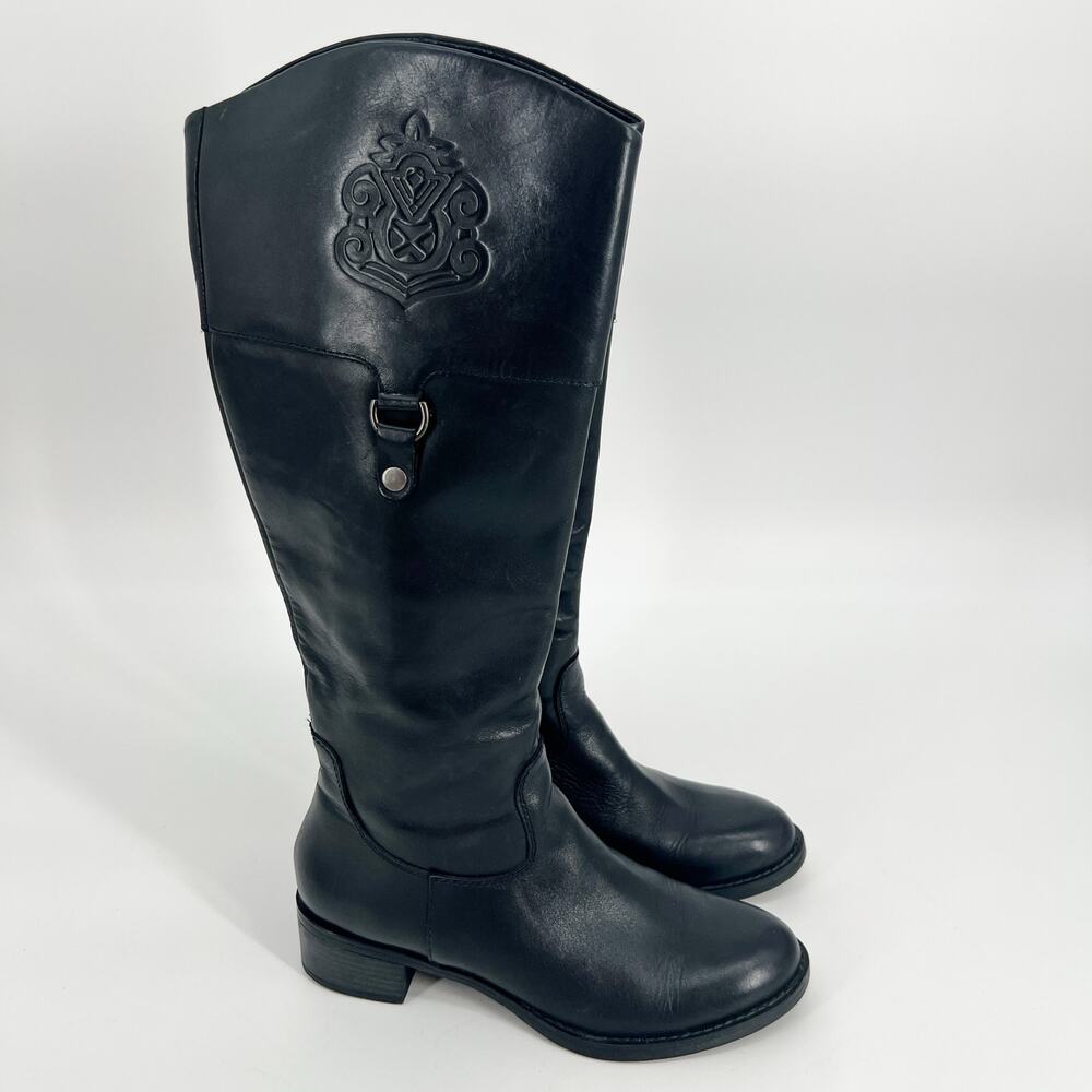 Franco Sarto Clarity Riding Boots Womens 8 Black Leather Embossed Monogram FLAW